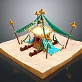 Elegant Traditional Tent Structure With Green Canopies Golden Ornaments Pillars And Blue Carpet