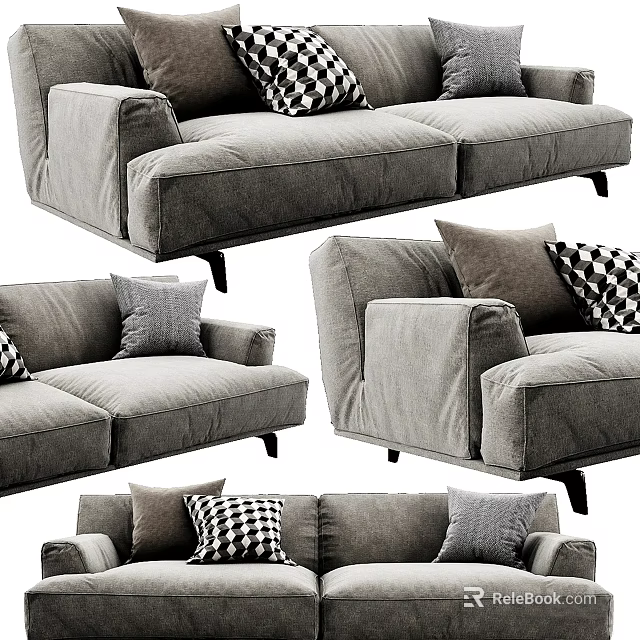 Modern Gray Fabric Two Seater Sofa With Armrests And Checkered Pillows 3d model
