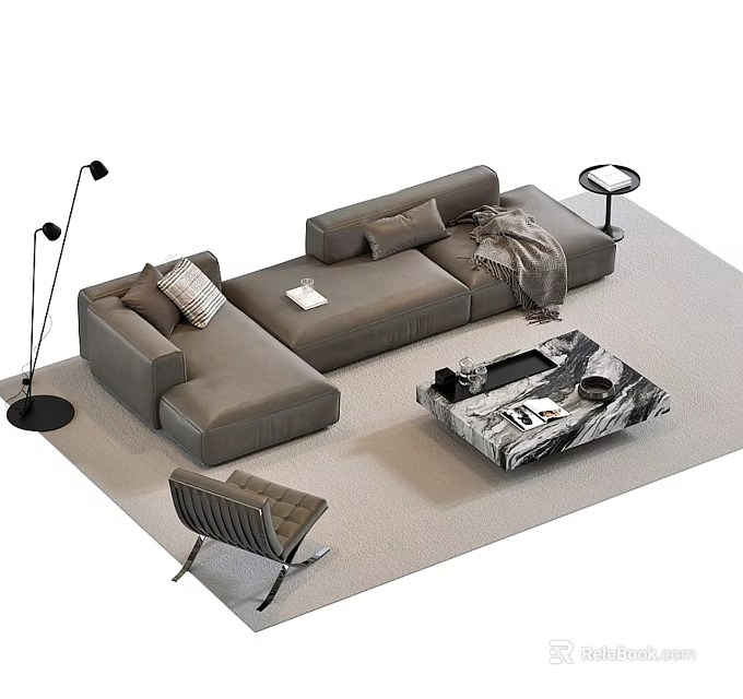 Modern Living Room With Gray Sectional Sofa Pillows Blanket Floor Lamp And Marble Coffee Table 3d model 