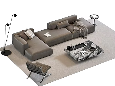Modern Living Room With Gray Sectional Sofa Pillows Blanket Floor Lamp And Marble Coffee Table 3d model
