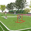 Football Field With Green Turf Running Track Surrounding Trees And Flag Design