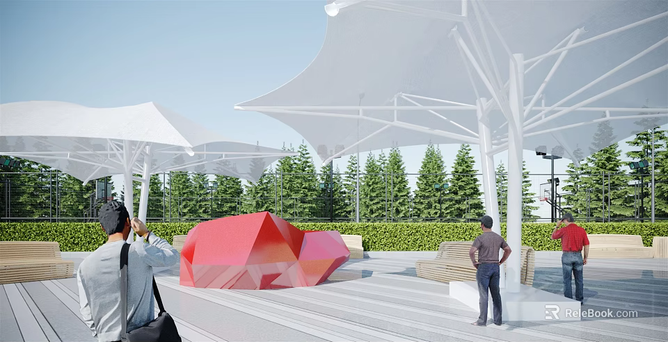 Outdoor Tensile Membrane Structure With Trees Seating Area And Red Sculptural Installation 3d model 