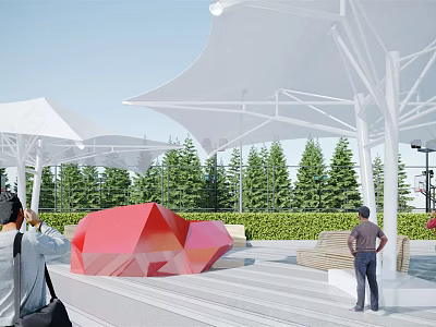 Outdoor Tensile Membrane Structure With Trees Seating Area And Red Sculptural Installation 3d model