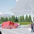 Outdoor Tensile Membrane Structure With Trees Seating Area And Red Sculptural Installation