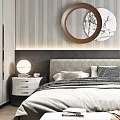 Modern Bedroom Interior Design With Gray Bed Striped Wallpaper Round Mirror And Nightstands Bench