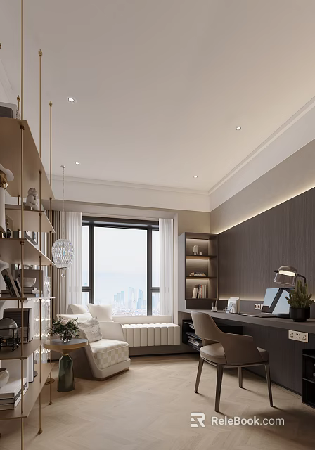 Modern Study Room Interior With Large Window Bookshelves And Sofa 3d model