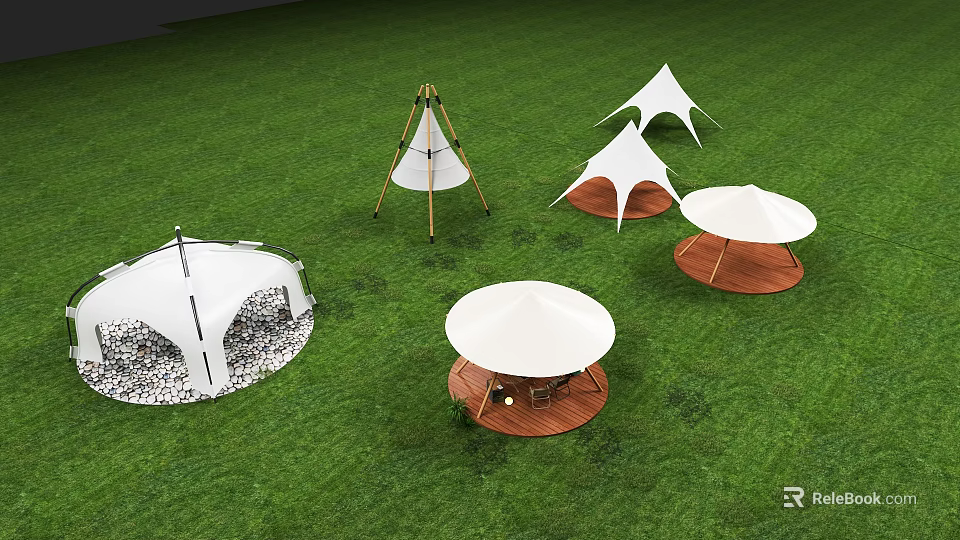 Various Types Of White Tents On Green Lawn With Conical Round Top And Wooden Bases 3d model 