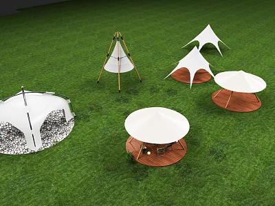 Various Types Of White Tents On Green Lawn With Conical Round Top And Wooden Bases 3d model