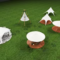 Various Types Of White Tents On Green Lawn With Conical Round Top And Wooden Bases