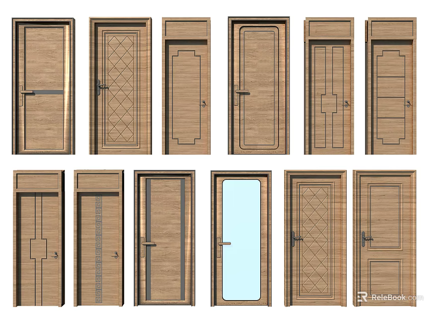 Modern Wooden Swing Doors with Various Panel Patterns and Glass Inserts for Interior Spaces 3d model