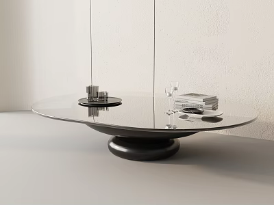 Modern Round Glass Top Coffee Table With Black Base And Decorative Books And Glasses 3d model
