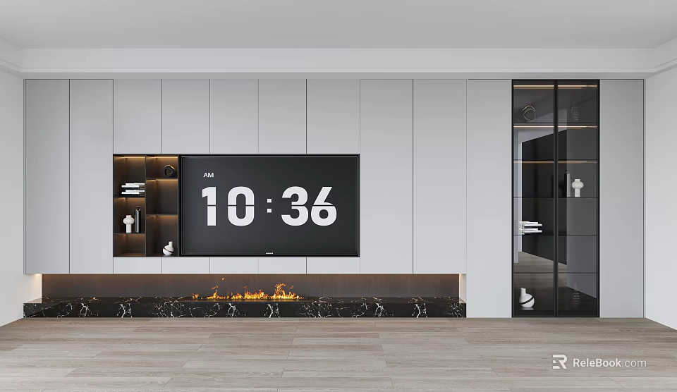 Modern TV Background Wall Interior Design With Fireplace And Shelves 3d model 