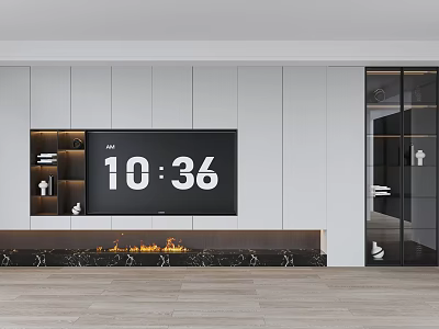 Modern TV Background Wall Interior Design With Fireplace And Shelves 3d model
