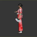 Japanese Woman In Pink Kimono With Red Patterns And Hair Accessory Holding Small Bag