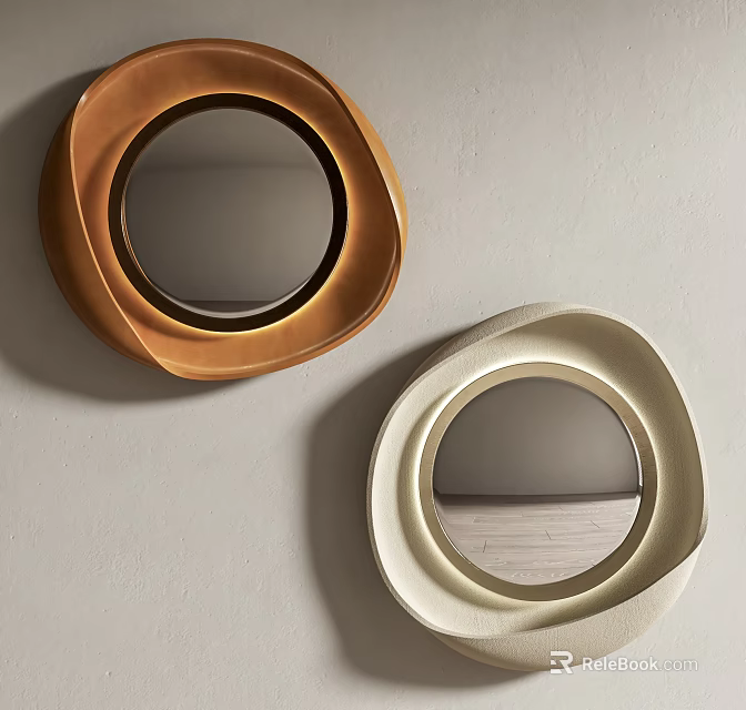Unique Shaped Decorative Mirrors In Bronze And Cream On Light Wall 3d model
