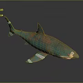 Green Rusted Shark Model With Decorative Tags And Reflective Dark Surface 3d model