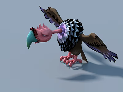 3D Bird Character With Pink Head Green Beak And Spread Wings For Game Movie 3d model
