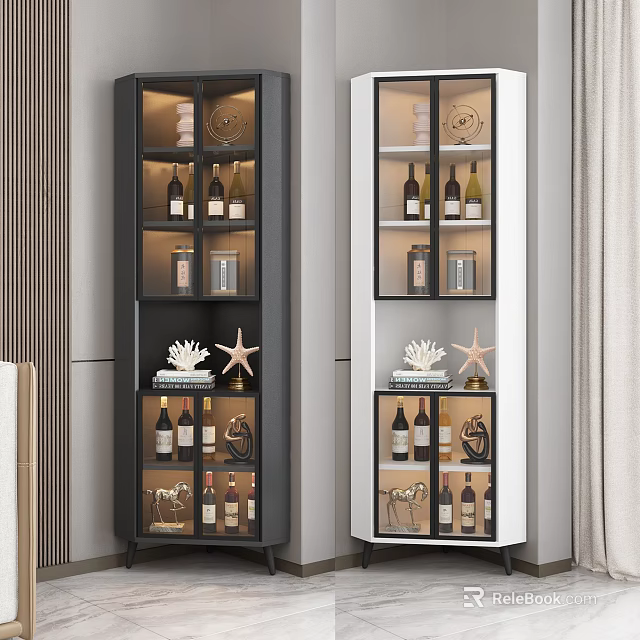 Modern Tall Wine Cabinet With Glass Doors Shelves Wine Bottles And Decorative Items 3d model 