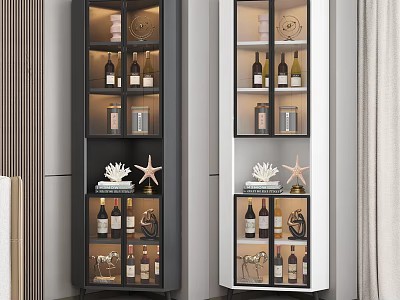Modern Tall Wine Cabinet With Glass Doors Shelves Wine Bottles And Decorative Items 3d model