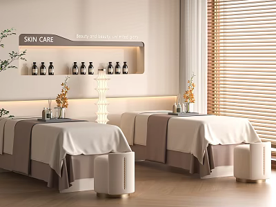 Glam SPA Skin Care Treatment Room With Massage Beds And Skincare Products 3d model