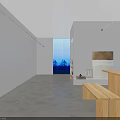 Minimalist Interior Space With Wooden Table Bench Gray Walls And Large Window Trees Outside