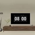 Modern Walnut TV Stand With Flat Screen TV Digital Clock And Decorative Items 3d model