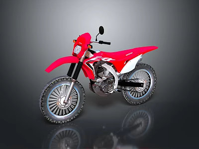 Red Off Road Motorcycle With Large Tires Black Mirrors And Silver Engine 3d model