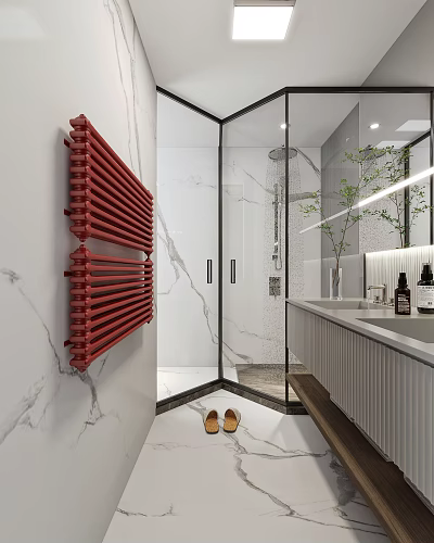 Luxurious Modern Bathroom Interior With Red Radiator Marble Walls And Glass Shower 3d model