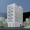 Modern Mid Rise Residential Building Featuring Large Windows Trees Along Street and Blue Sky