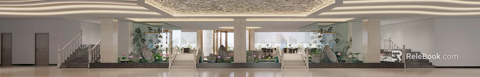 Elegant Hotel Lobby Interior With Water Feature Rock Formations Lotus Flowers And Marble Pillars 3d model 
