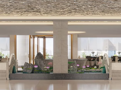 Elegant Hotel Lobby Interior With Water Feature Rock Formations Lotus Flowers And Marble Pillars 3d model