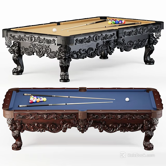 Elegant Billiard Room With Carved Leg Tables Balls And Cues 3d model 