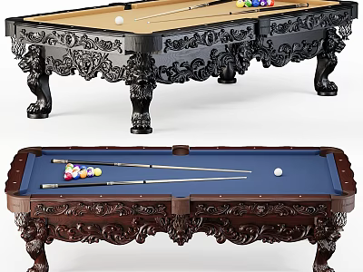 Elegant Billiard Room With Carved Leg Tables Balls And Cues 3d model