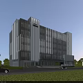 Modern Industrial Factory Building With Multi Story Glass Curtain Walls And Landscaped Surroundings