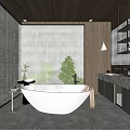 Modern Bathroom Interior With Freestanding Bathtub Steam Large Window Green Plants And Wooden Elements