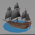 Wooden Sailing Ship With Black Sails And Multi Mast On Blue Water Surface