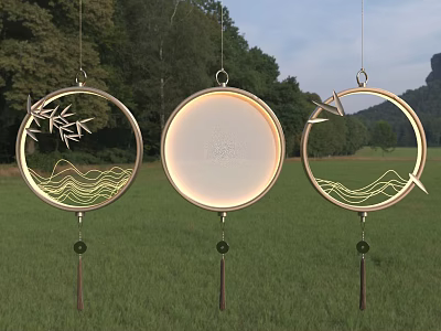 Illuminated Circular Chandeliers With Bamboo Leaves Birds Waves And Natural Background 3d model