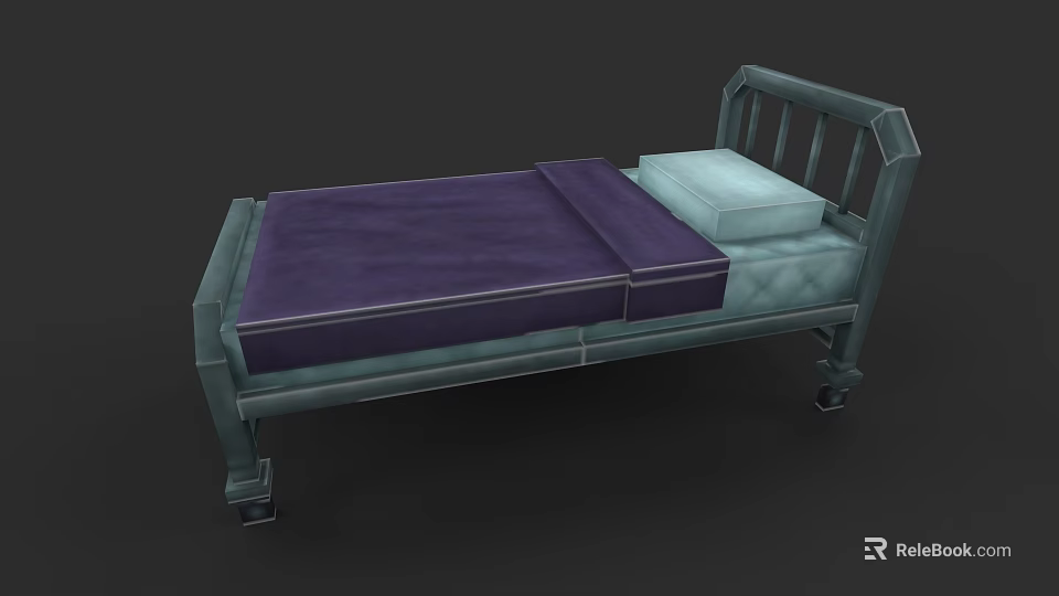 Metal Bed Frame With Purple Mattress And White Pillow On Wheels 3d model 