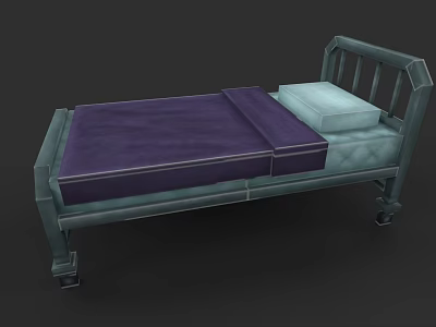 Metal Bed Frame With Purple Mattress And White Pillow On Wheels 3d model