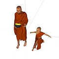 Buddhist monks wearing red robes performing different actions holding yellow bowl and running