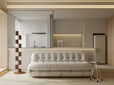 Modern Apartment Interior With Open Kitchen Comfortable Sofa Wooden Decor And Large Mirror 3d model