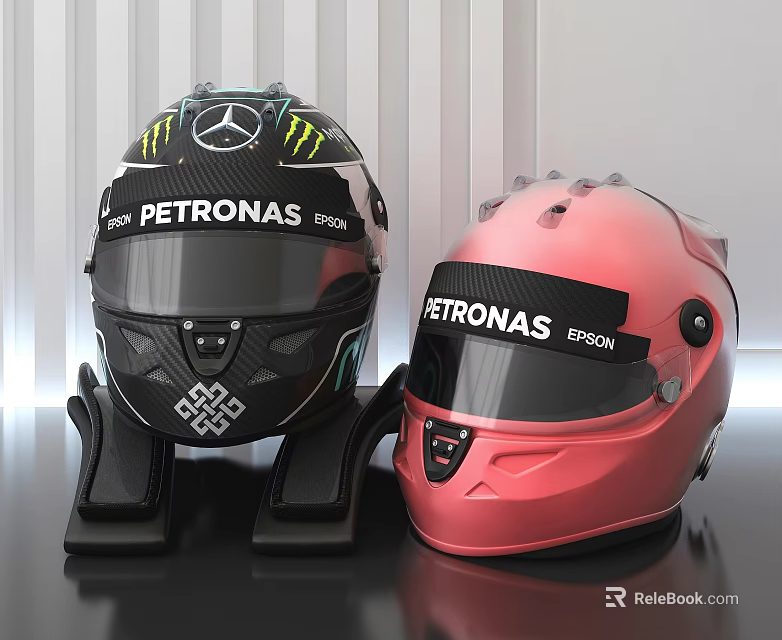 Two Racing Helmets Black And Pink With Mercedes Monster PETRONAS EPSON Logos On Stands 3d model 