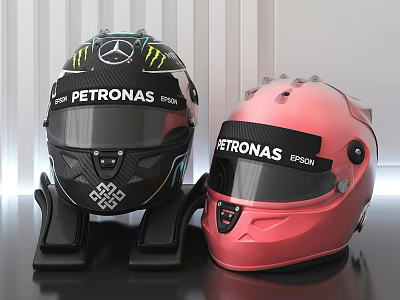 Two Racing Helmets Black And Pink With Mercedes Monster PETRONAS EPSON Logos On Stands 3d model