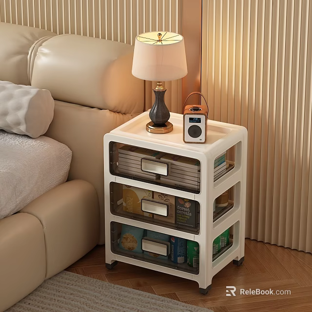 Modern Bedside Table With Drawers Near Beige Sofa Bed And Table Lamp Radio 3d model 