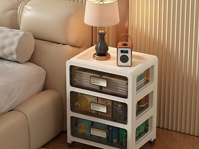 Modern Bedside Table With Drawers Near Beige Sofa Bed And Table Lamp Radio 3d model