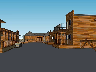 Commercial Street With Wooden Buildings Traditional Style Rows of Balconies and Verandas 3d model