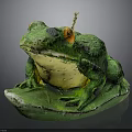 Green Frog Sculpture Sitting On Leaf With Yellow Eyes Black Spots And Candle On Head