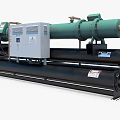 Industrial Chiller Unit with Green Cylindrical Components Control Panel and Black Cylindrical Pipes