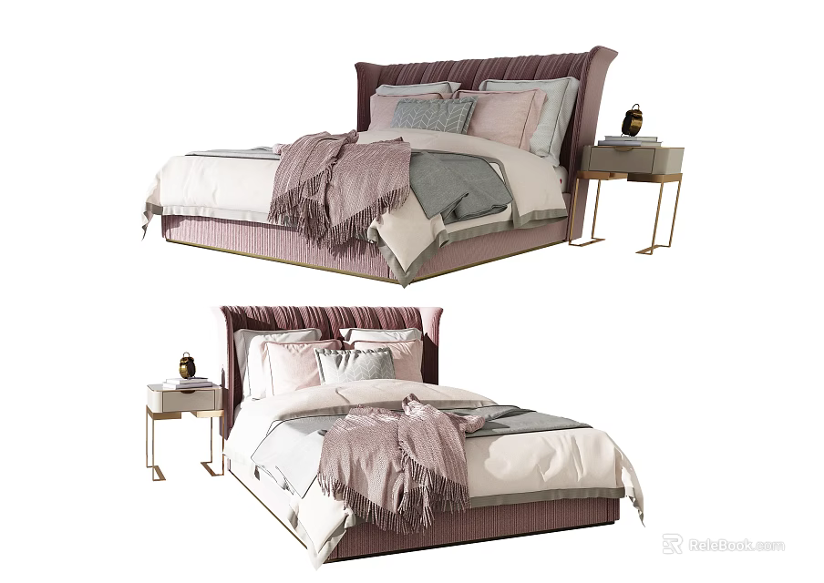 Modern Double Bed with Upholstered Headboard Soft Blankets Pillows and Bedside Table Lamp 3d model