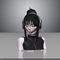 3D Digital Character With Black Hair Purple Headphones And Sleeveless Outfit On Gray Background